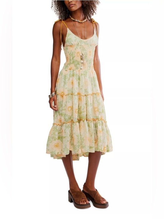 Free People Dresses & Skirts - NWT Free People Adriel Tie Strap Tiered Midi Dress ~ Yellow & Green